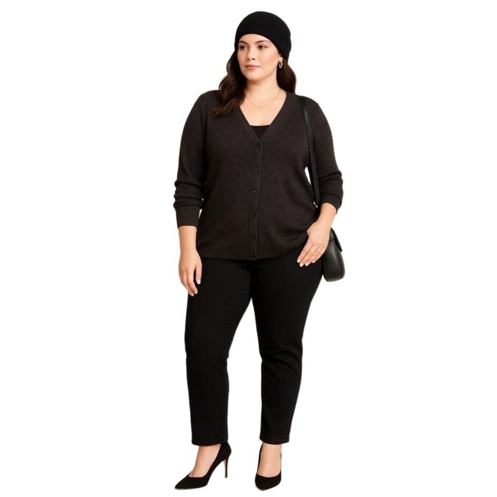 George‎ Woman Black Metallic Ribbed Button-Front Cardigan – Size 2X (22W/24W)